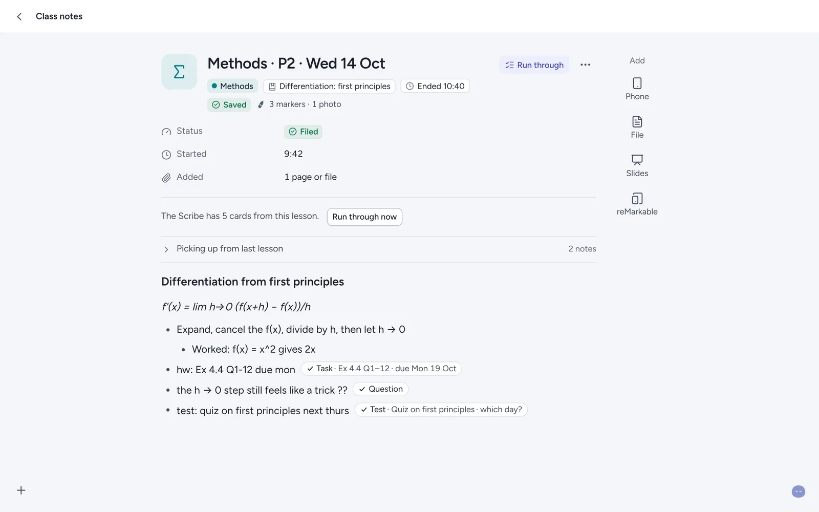 Class notes in the block editor during a lesson
