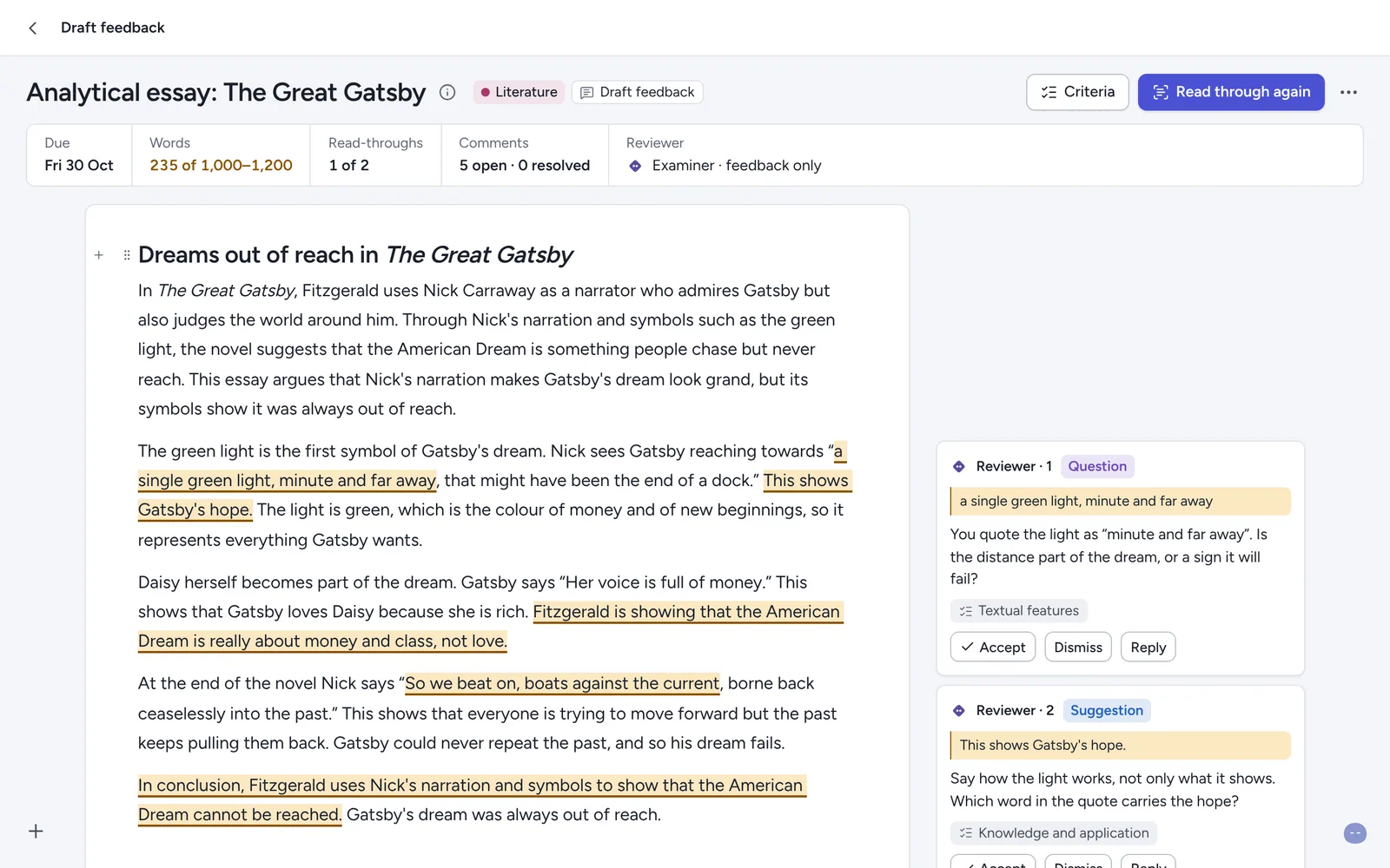 Draft feedback on an essay: comments anchored to the text, each with Accept, Dismiss and Reply