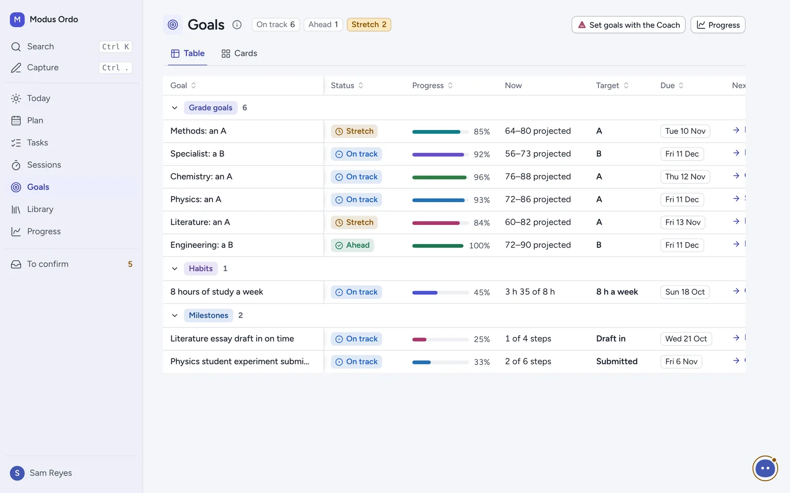Goals as a table: grade goals, habits and milestones with status, progress, target, due and next step