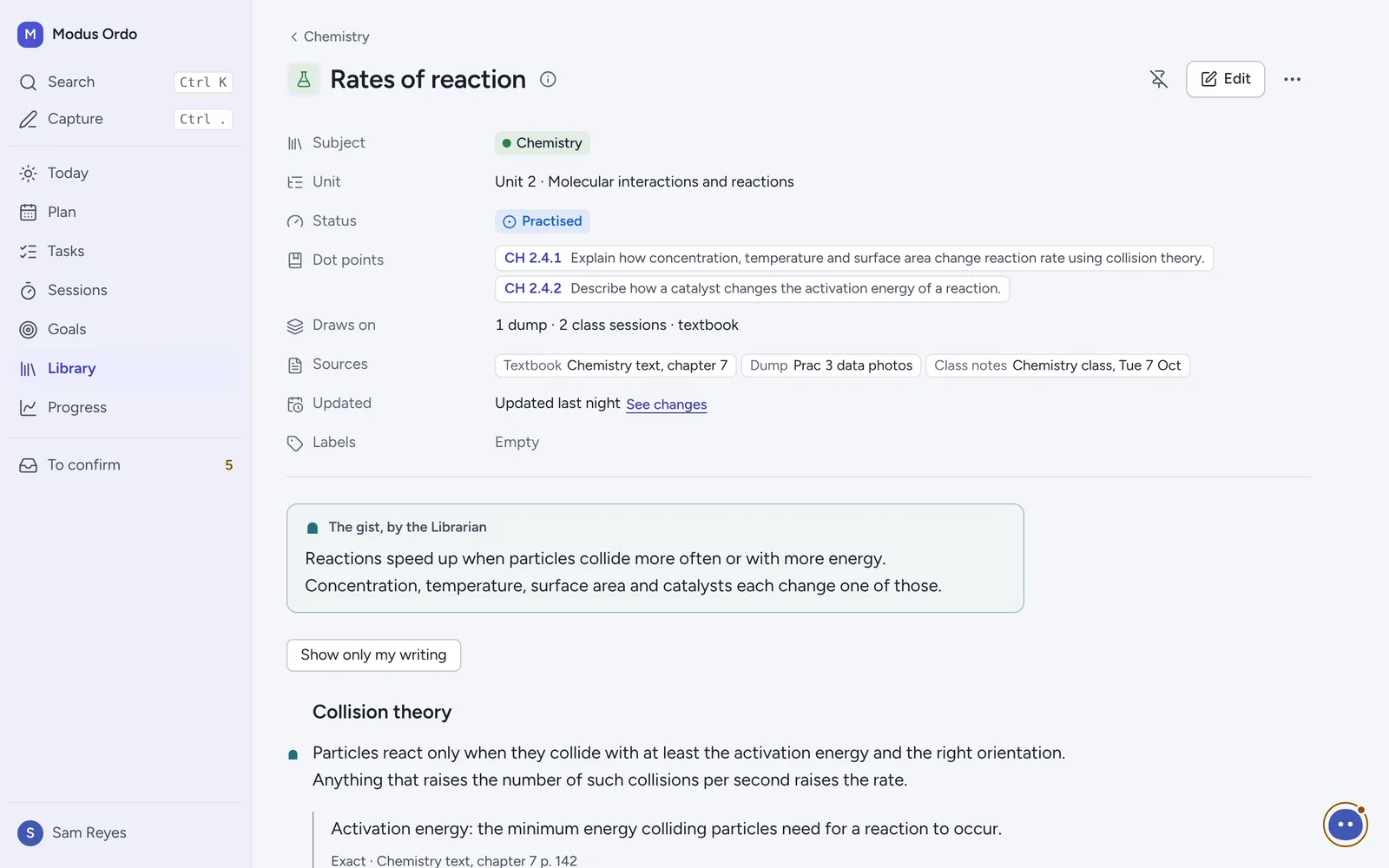 A Library topic page with a properties block: subject, unit, status, syllabus dot points and sources