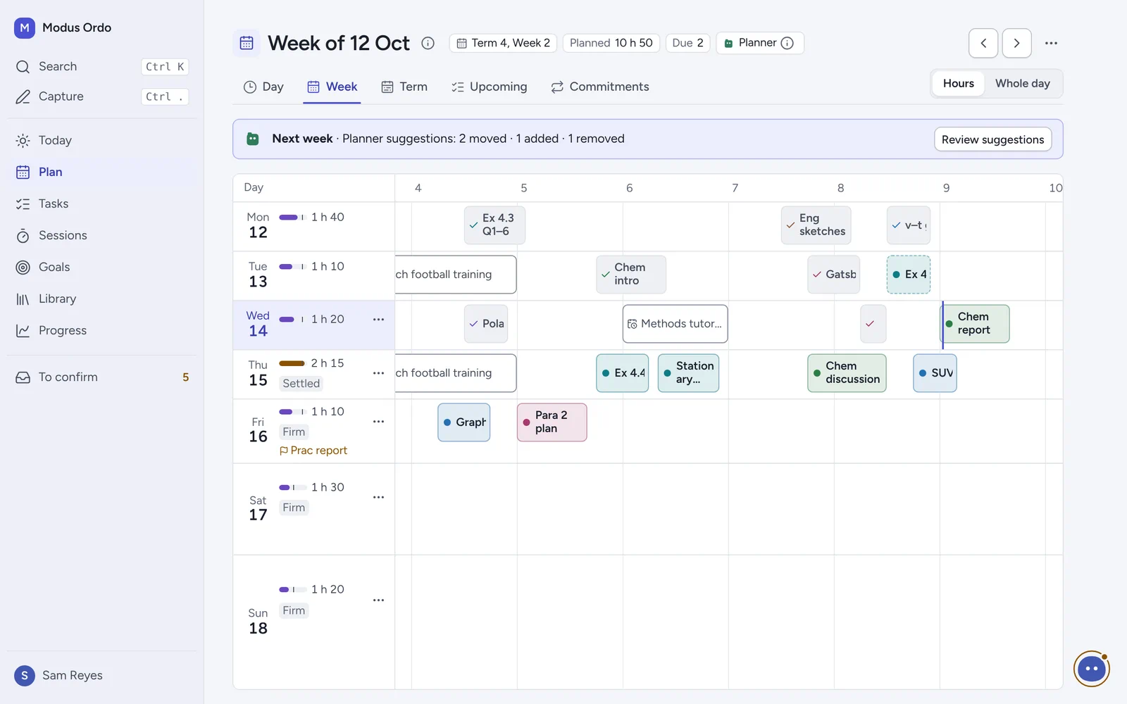 Plan, week view: a time grid with school periods shaded and study blocks placed around sport