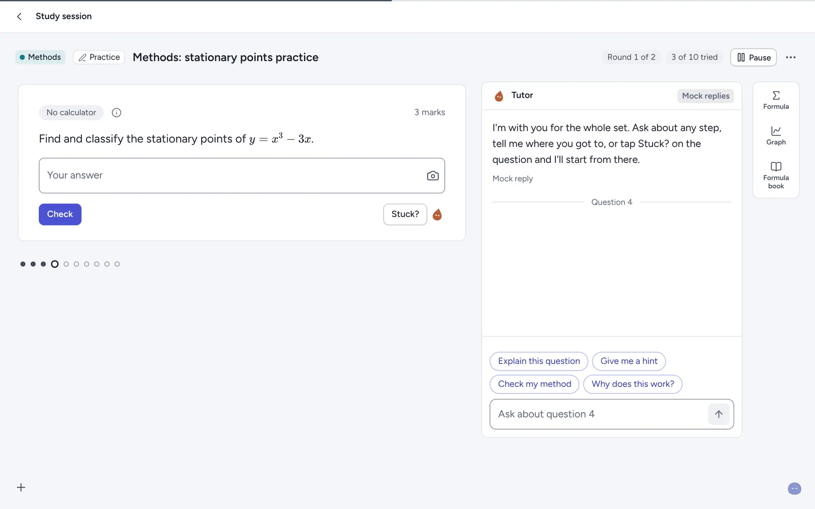 A Methods practice session: the question on the left and the Tutor chat on the right