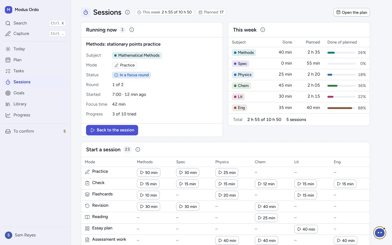 Sessions: the running session, this week’s study time per subject and a grid of sessions to start