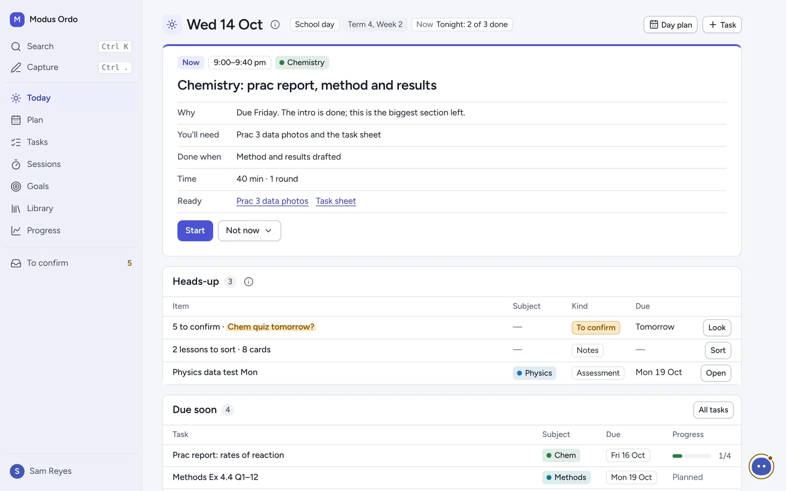 The Today screen of the study planner on a school night: the Now card says to work on the Chemistry prac report’s method and results, with a heads-up table and what’s due soon