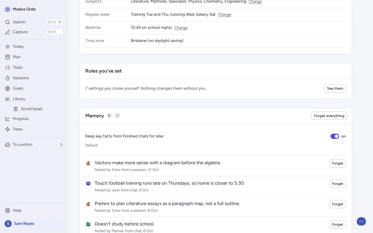 The memory page: what the app remembers, with a way to forget each item