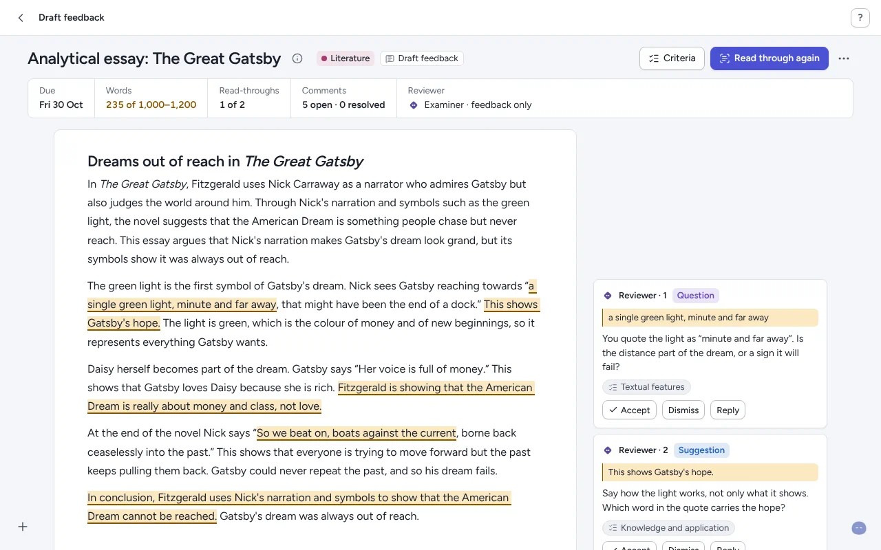 Reviewer comments on an essay, each beside the exact words it is about