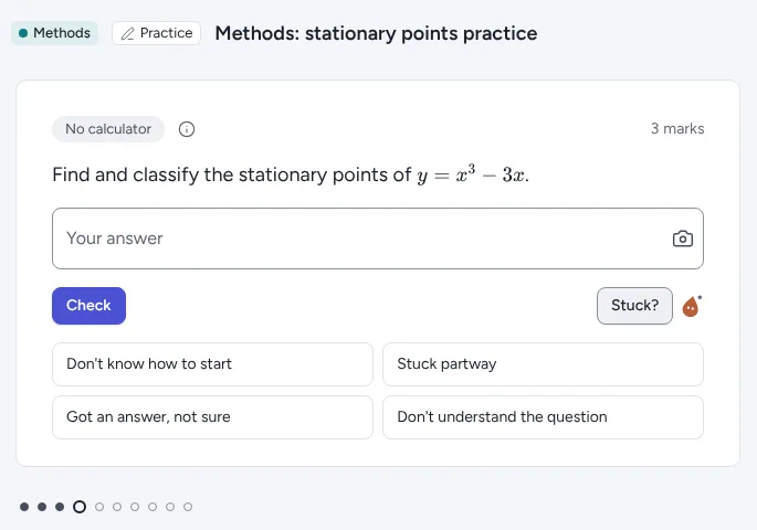 A practice question with the Stuck? button open, asking where you are stuck